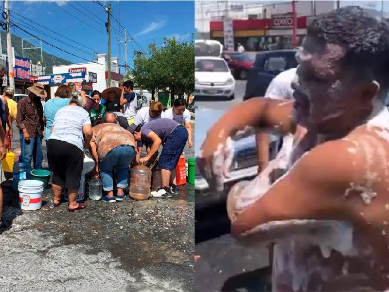 VIDEO. En plena avenida, aprovechan fuga de agua para bañarse en Nuevo León
