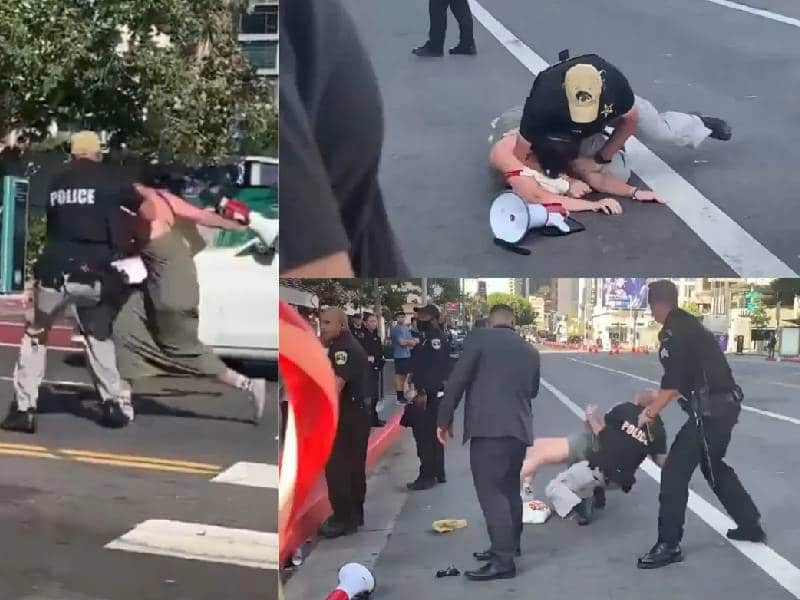 VIDEO_ Policía somete a mujer por protestar cerca del convoy de Joe Biden