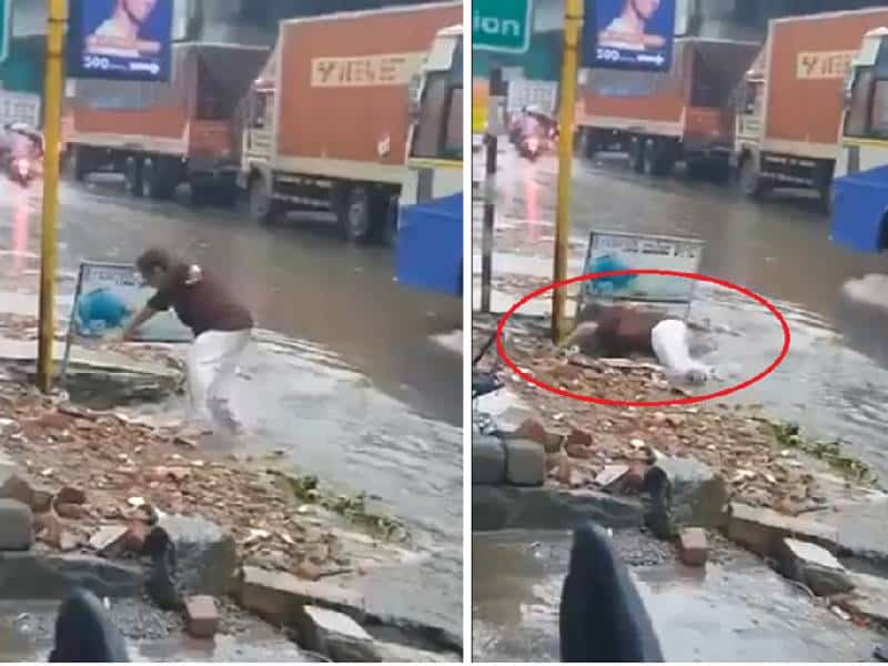 VIDEO: Hombre resbala en calle inundada, es arrastrado por una coladera