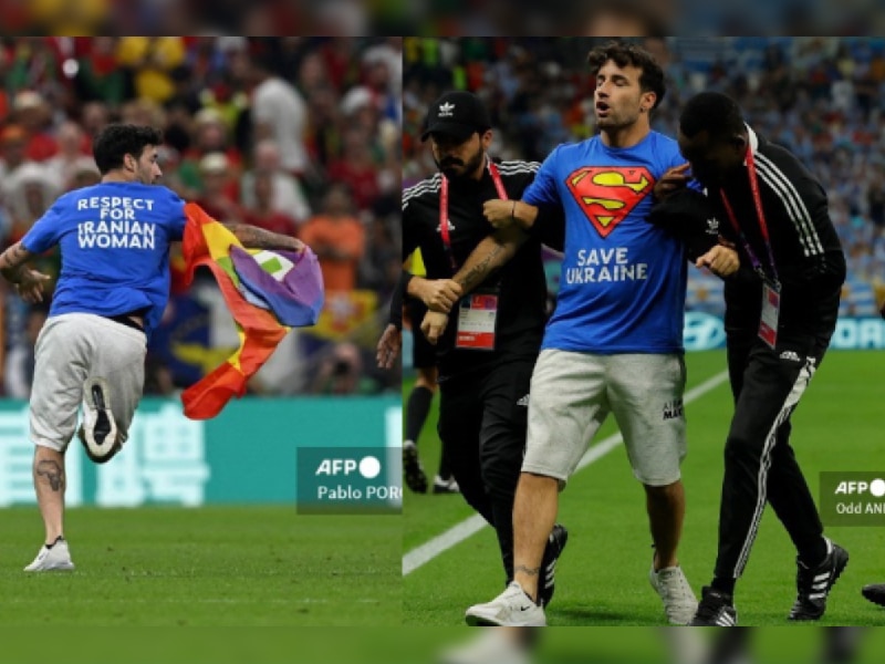 Hombre entra al partido Portugal-Uruguay con bandera LGBTIQ+ y mensaje de apoyo a mujeres en Irán