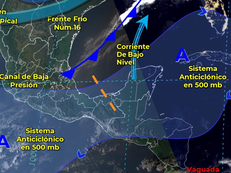 El frente frío Núm. 16 se extenderá desde la Península de Florida hasta el sur de Veracruz y en interacción con un canal de baja presión sobre el sur del Golfo de México, ocasionarán lluvias y chubascos sobre la Península de Yucatán