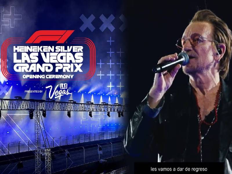 Previo al GP de las Vegas, Bono presenta a los integrantes de U2 como pilotos de F1