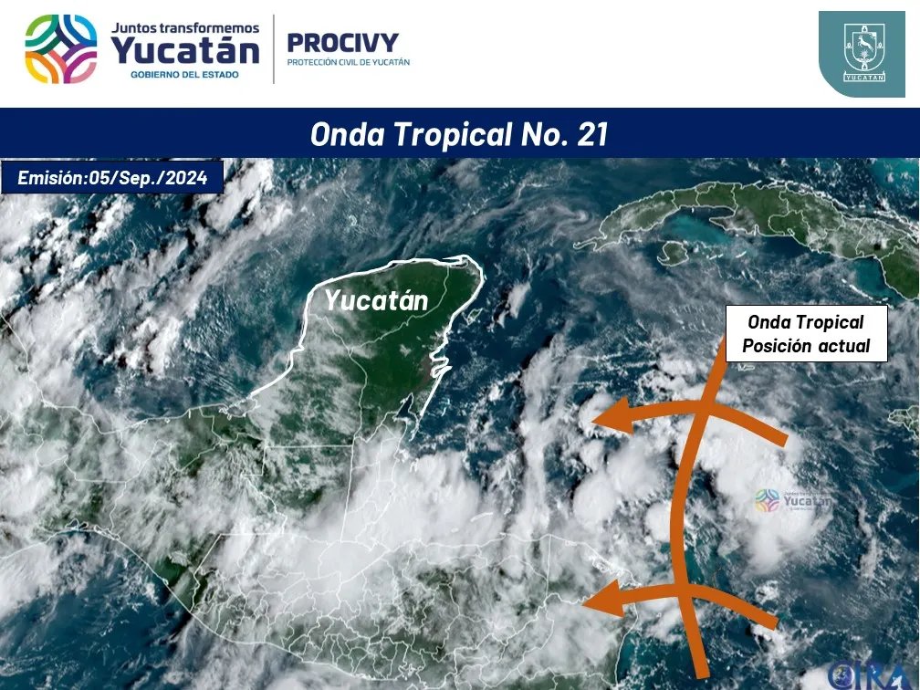 Protección Civil de Yucatán advierte sobre la Onda Tropical No. 21 desde el 6 de septiembre, con lluvias fuertes y actividad eléctrica esperadas.