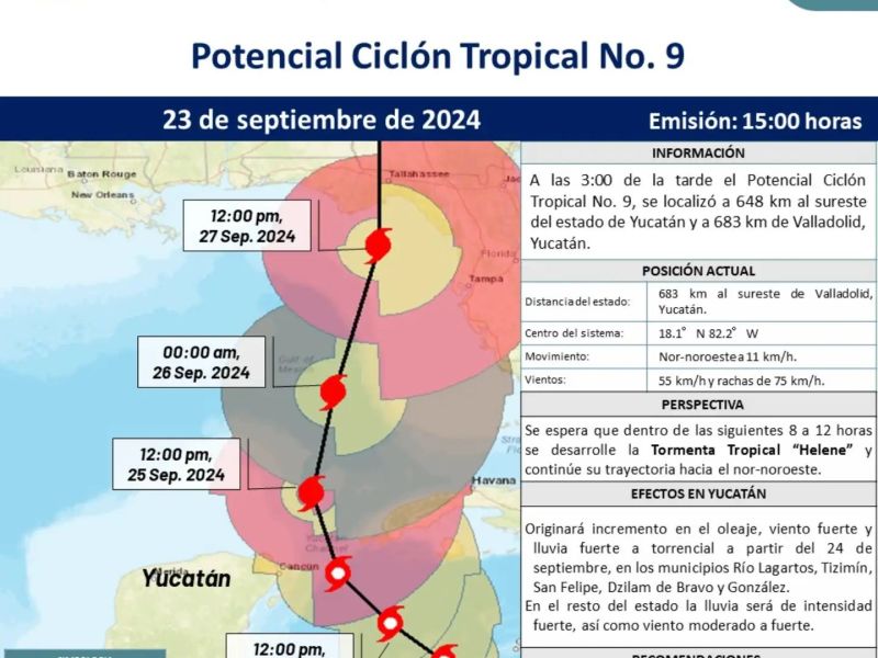 El Potencial Ciclón Tropical No. 9 se localiza a 648 km de Yucatán y se espera que desarrolle la Tormenta Tropical Helene en 12 horas.