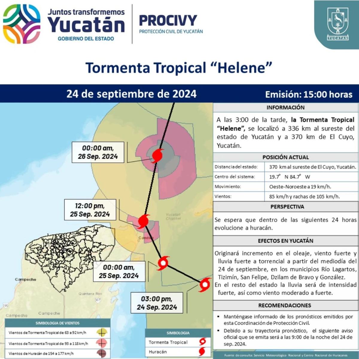 La Tormenta Tropical Helene se localiza a 336 km de Yucatán, con vientos de 85 km/h. Se espera evolución a huracán en 24 horas.