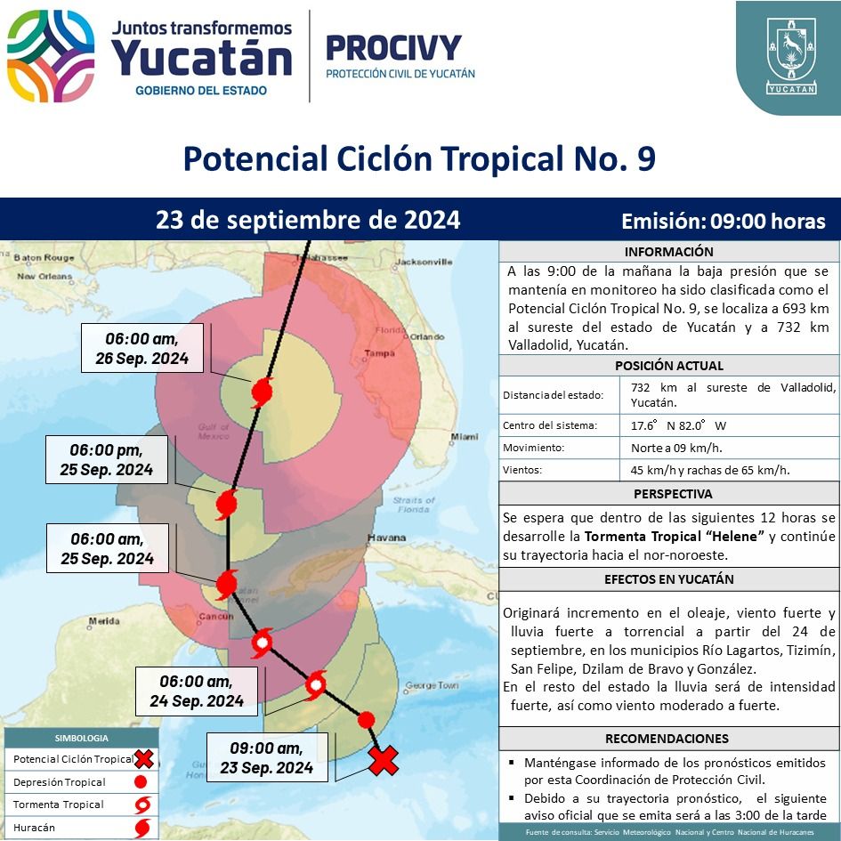 El Potencial Ciclón Tropical No. 9 se localiza al sureste de Yucatán y podría desarrollarse en la Tormenta Tropical Helene en 12 horas.