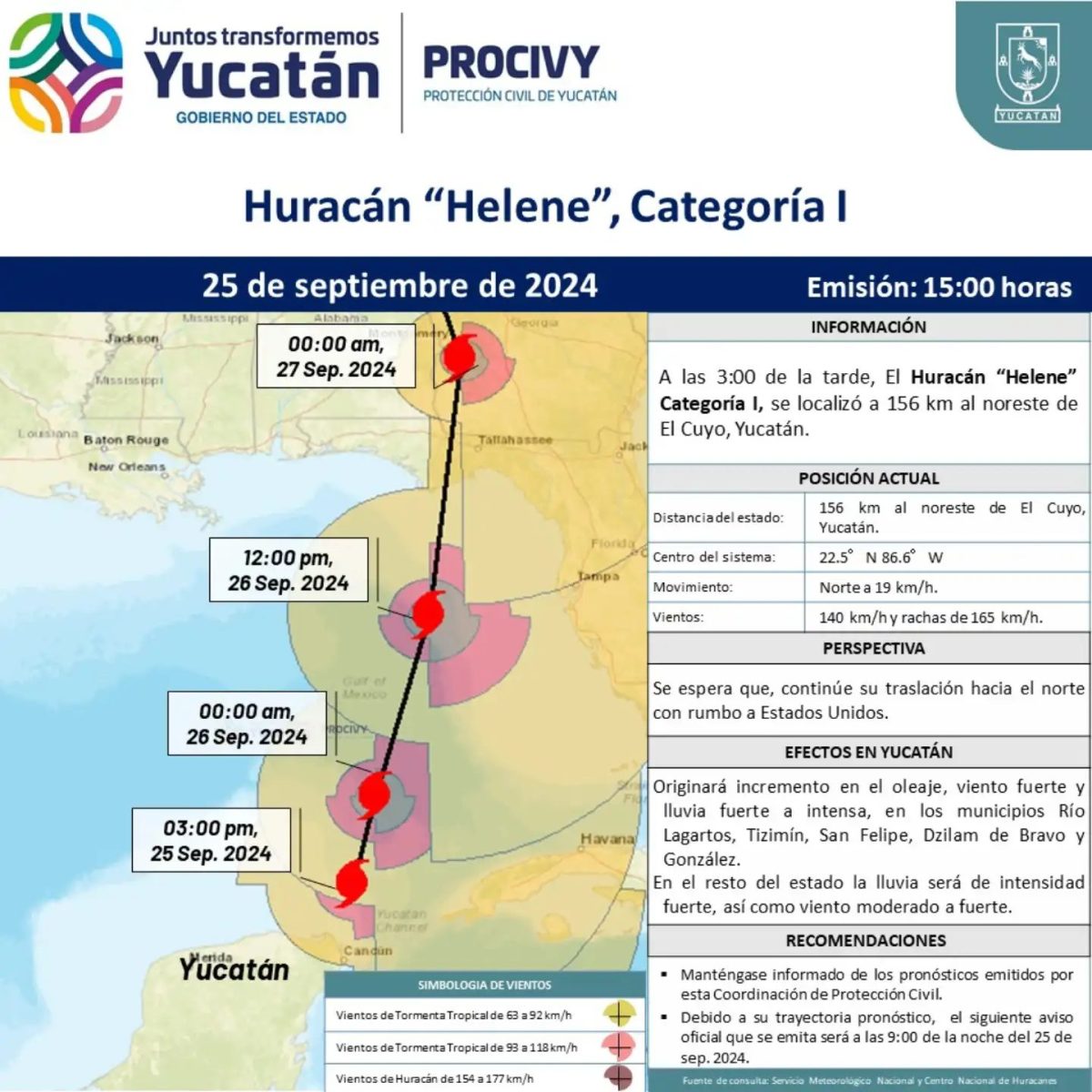 Protección Civil emite Alerta Amarilla en el este de Yucatán por el Huracán Helene, que trae lluvias y vientos intensos.