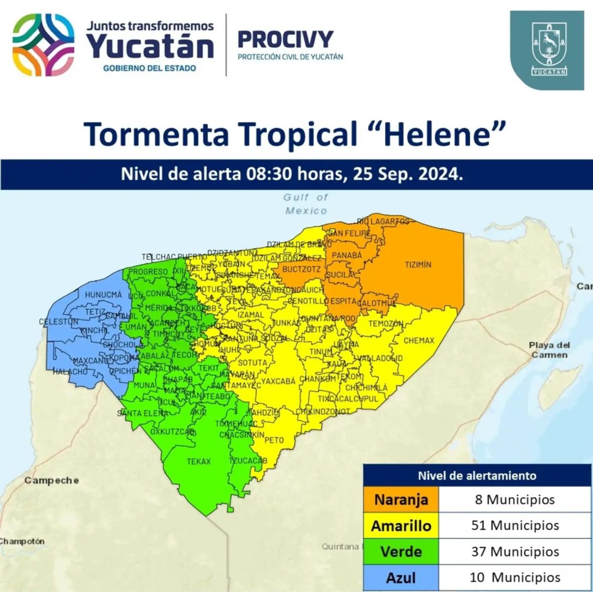 Protección Civil emite Alerta Naranja para el este de Yucatán ante la tormenta tropical Helene. Se esperan lluvias torrenciales y fuertes vientos.