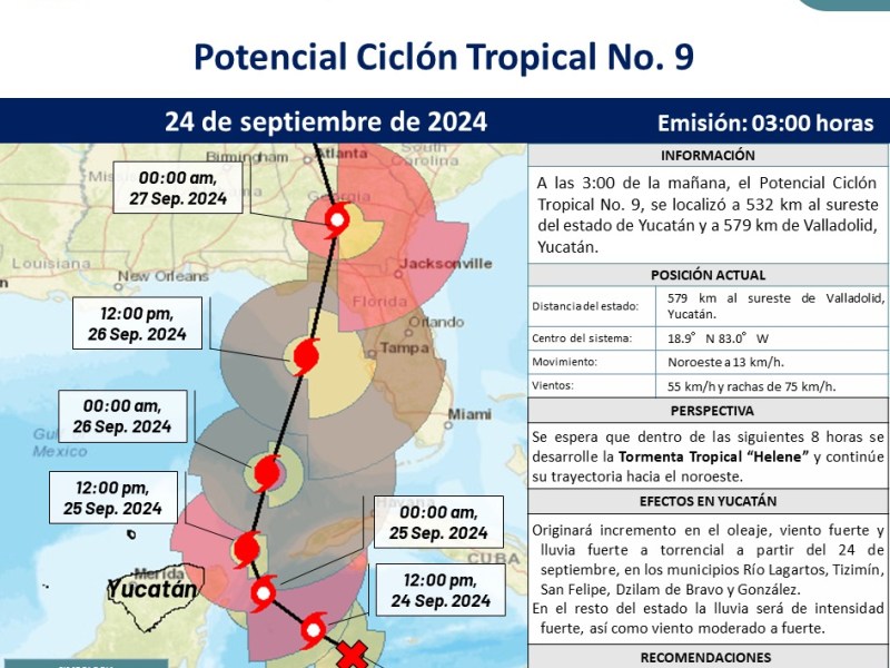 El Ciclón Tropical No. 9 se localiza a 532 km de Yucatán. Se prevé su evolución a Tormenta Helene y posible huracán en 24 horas. ¡Toma precauciones!