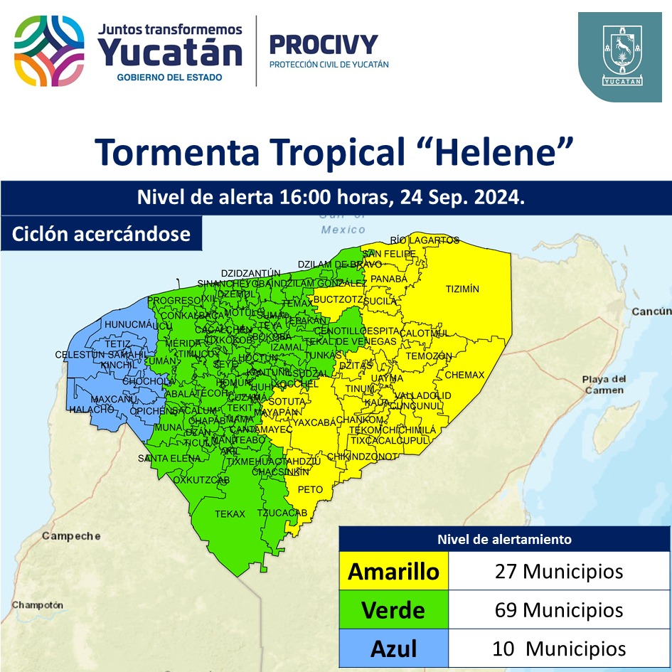 Alerta Amarilla en Yucatán por la Tormenta Tropical Helene. Toma precauciones: revisa tu hogar, ten suministros y mantente informado.