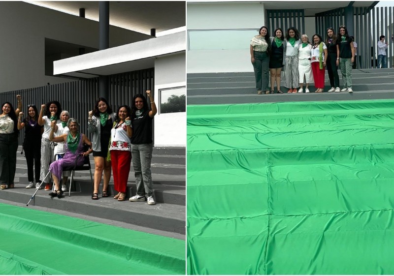 Activistas exigen en Yucatán un aborto legal y seguro. Colocan pañuelo verde en el Congreso, en el marco del Día de Acción Global por el Aborto.