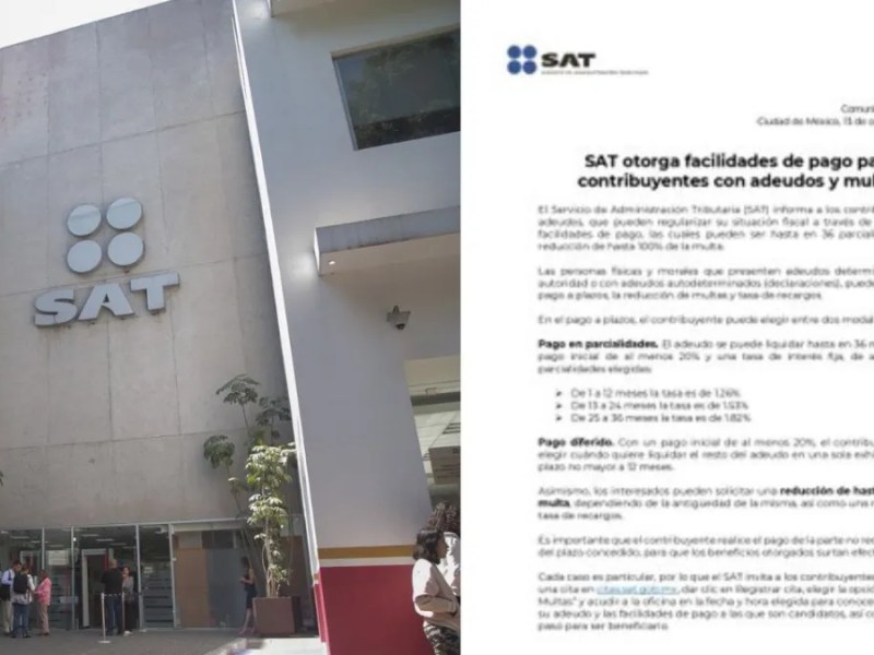 El SAT ofrece facilidades de pago para regularizar adeudos fiscales, incluyendo hasta 36 meses de plazo y reducción de multas del 100%.