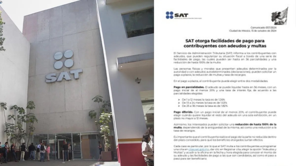 El SAT ofrece facilidades de pago para regularizar adeudos fiscales, incluyendo hasta 36 meses de plazo y reducción de multas del 100%.