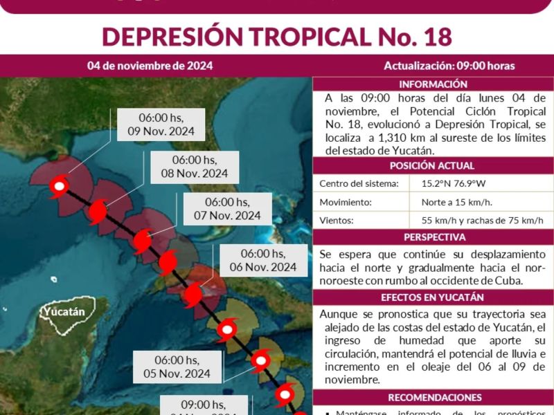 Protección Civil de Yucatán informa sobre la evolución del Potencial Ciclón Tropical No. 18, que podría traer lluvias y oleaje.