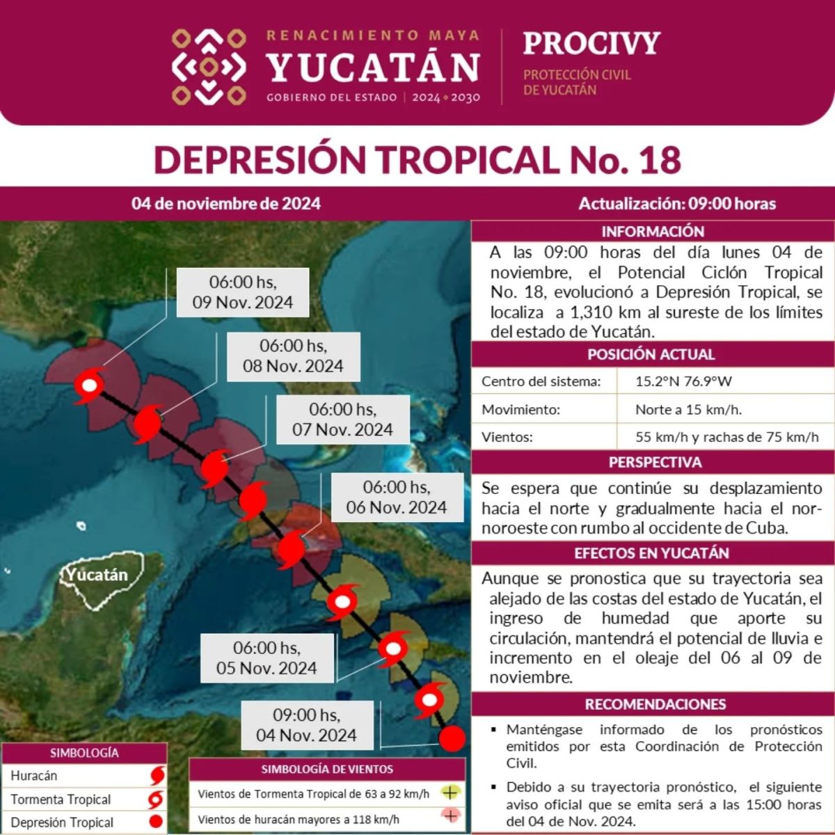 Protección Civil de Yucatán informa sobre la evolución del Potencial Ciclón Tropical No. 18, que podría traer lluvias y oleaje.