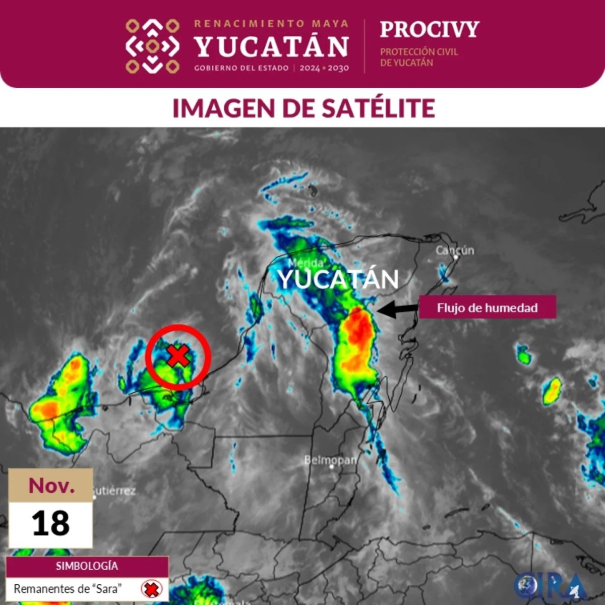 Protección Civil informa lluvias fuertes y frente frío en Yucatán el 19 y 20 de noviembre. Precaución por vientos y oleaje elevado.