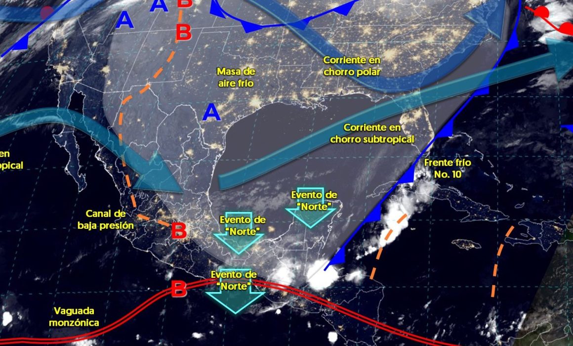 "Frente frío No. 10 impacta la Península de Yucatán: bajas temperaturas, lluvias y fuertes vientos previstos este fin de semana, según el SMN."