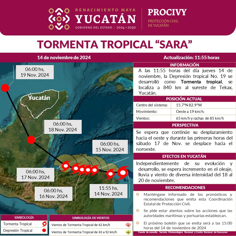 La Tormenta Tropical Sara afectará Yucatán con lluvias y vientos fuertes del 18 al 20 de noviembre. Mantente informado con Protección Civil.