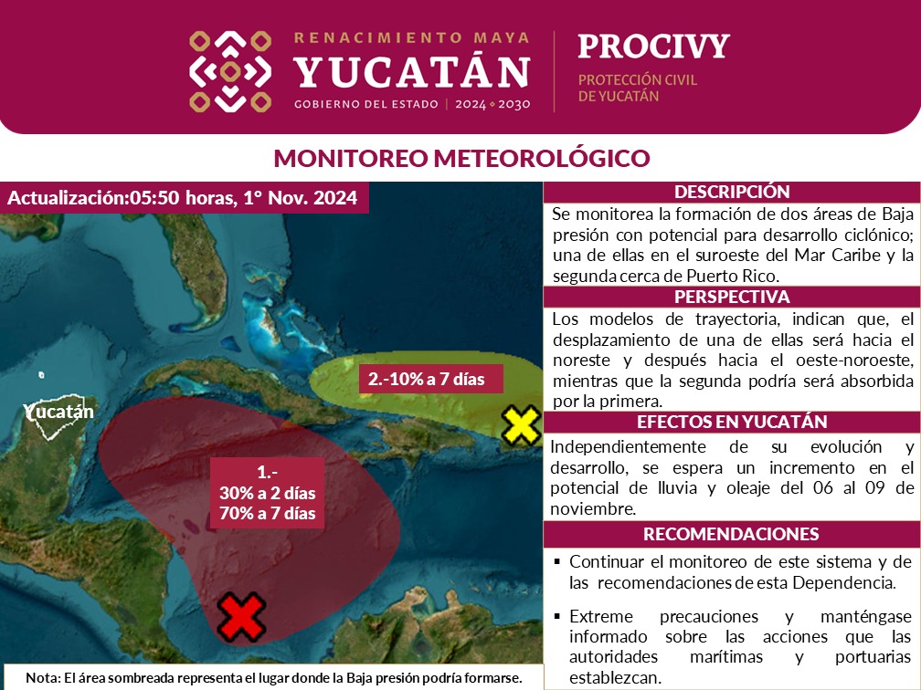 Procivy alerta sobre posibles sistemas tropicales en el Mar Caribe; se espera lluvia y oleaje elevado en Yucatán entre el 6 y 9 de noviembre.