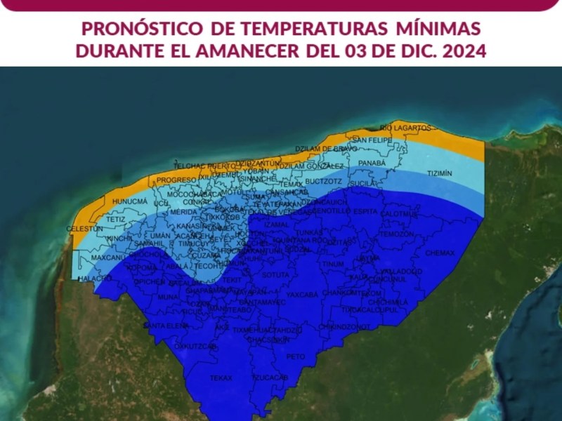 La masa de aire frío en Yucatán traerá días cálidos con máximas de 32°C y amaneceres frescos con mínimas de 14°C a 22°C. Vientos de 25-35 km/h.