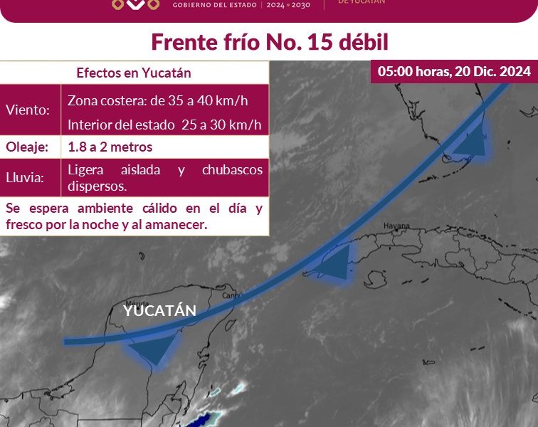 El Frente Frío No. 15 trae lluvias aisladas, chubascos, vientos fuertes y clima fresco en Yucatán este viernes 20 de diciembre. ¡Prepárate!