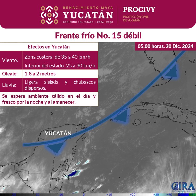 El Frente Frío No. 15 trae lluvias aisladas, chubascos, vientos fuertes y clima fresco en Yucatán este viernes 20 de diciembre. ¡Prepárate!