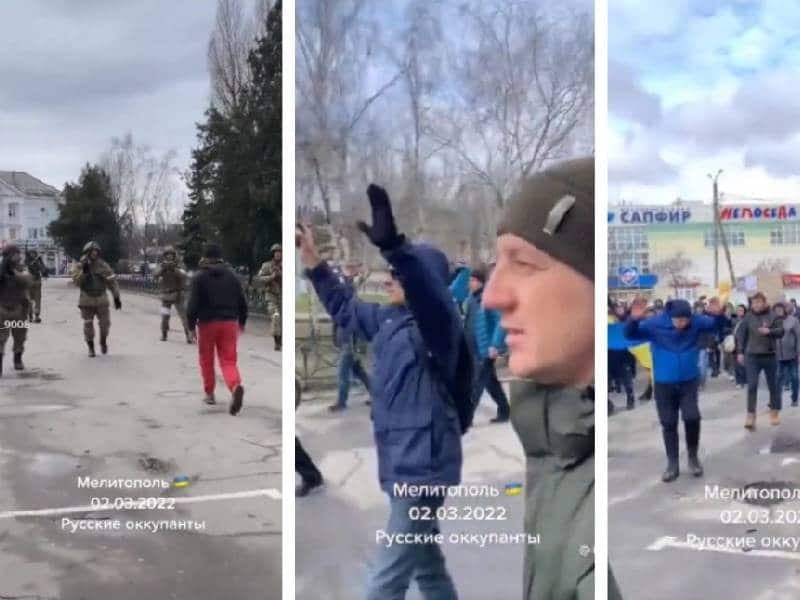 VIDEO: Civiles ucranianos desarmados confrontan a militares rusos