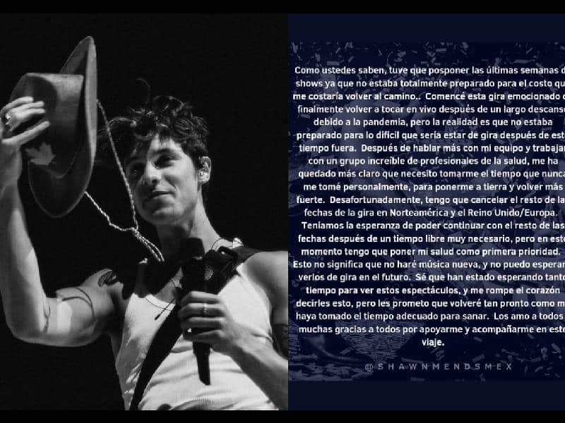 Shawn Mendes cancela el resto de su gira por problemas de salud