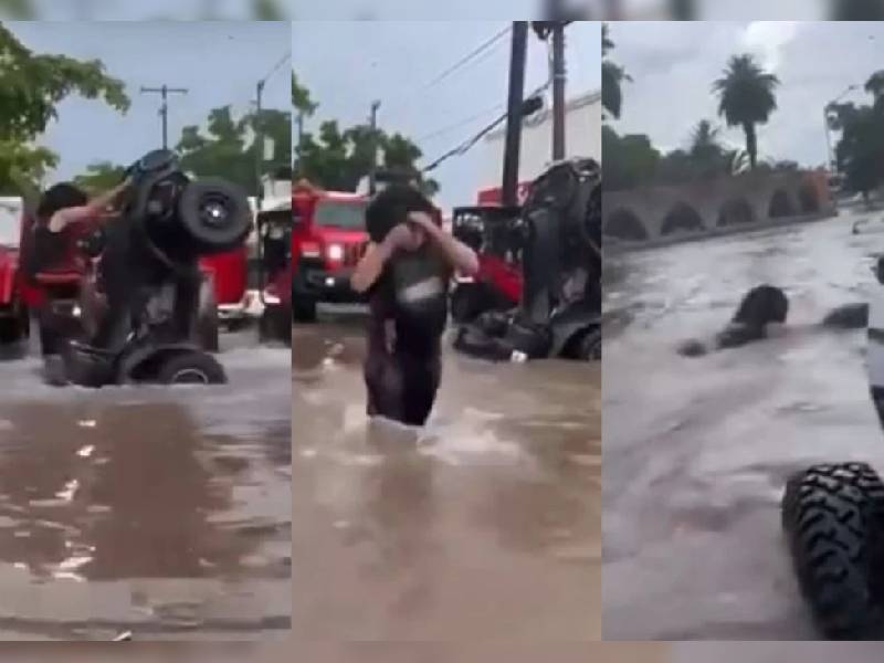 Sujeto es captado jugando en avenida inundada y se viraliza en redes