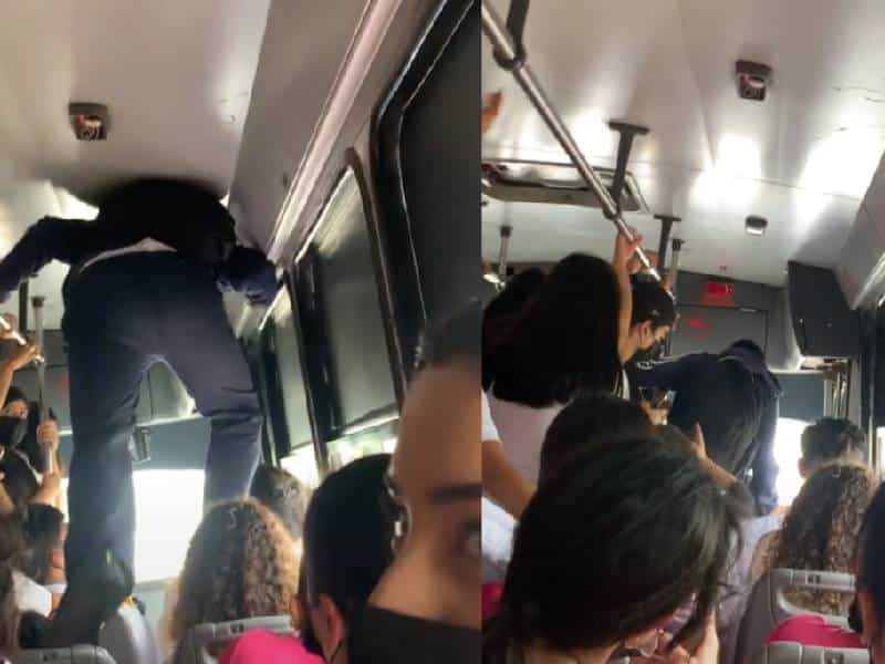 Hombre camina sobre respaldo de asientos para descender