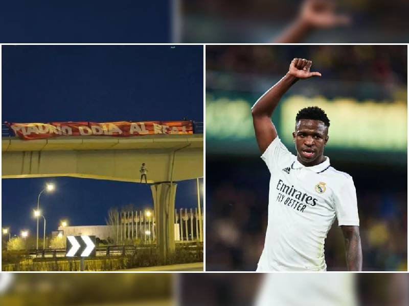 Aparece un muñeco con la camiseta de Vinicius colgado de un puente de Madrid