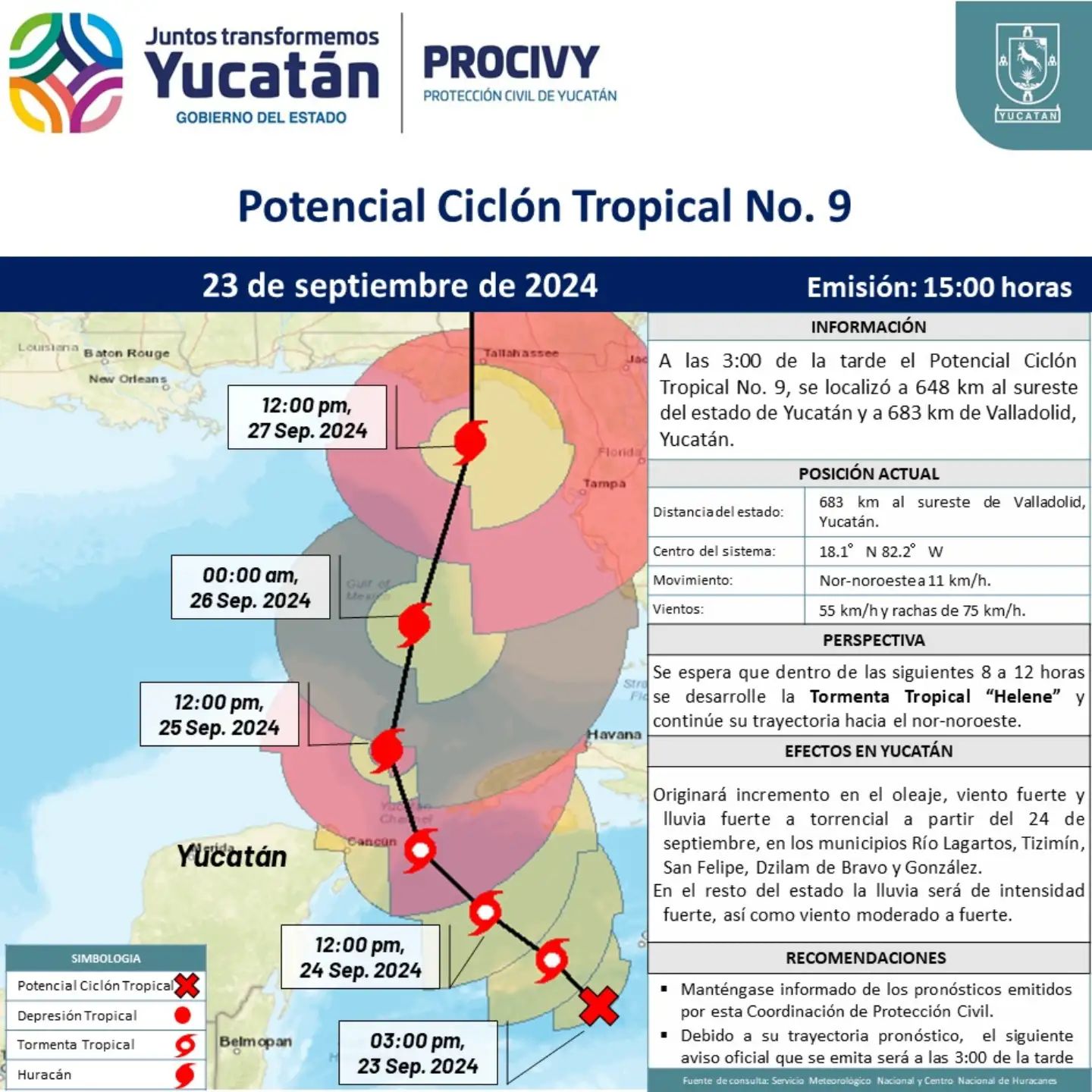 El Potencial Ciclón Tropical No. 9 se localiza a 648 km de Yucatán y se espera que desarrolle la Tormenta Tropical Helene en 12 horas.
