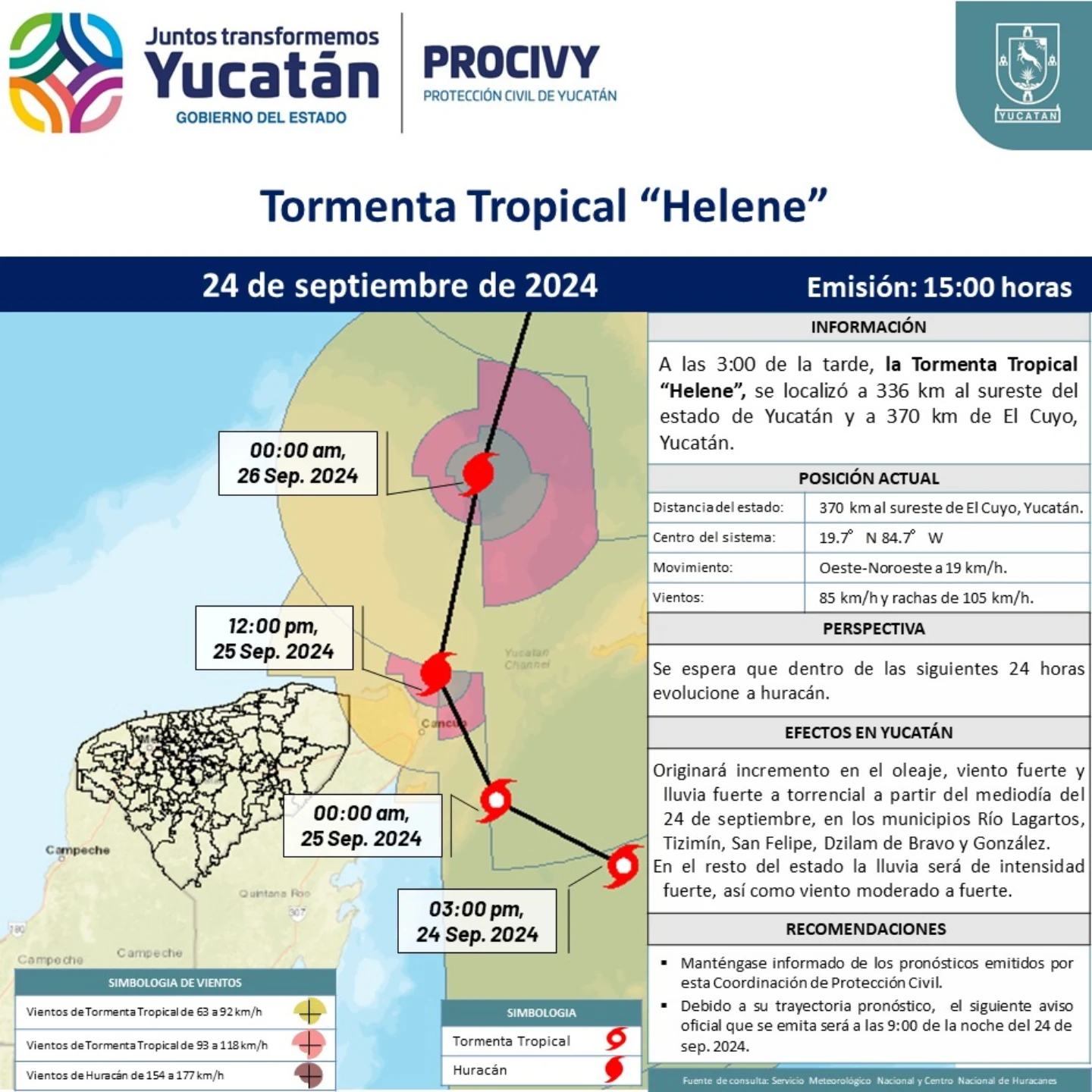 La Tormenta Tropical Helene se localiza a 336 km de Yucatán, con vientos de 85 km/h. Se espera evolución a huracán en 24 horas.