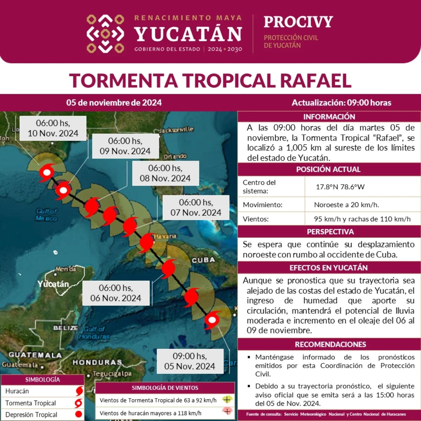 La Tormenta Rafael se intensificará a huracán y generará lluvias y oleaje alto en Yucatán. Protección Civil alerta sobre posibles afectaciones.