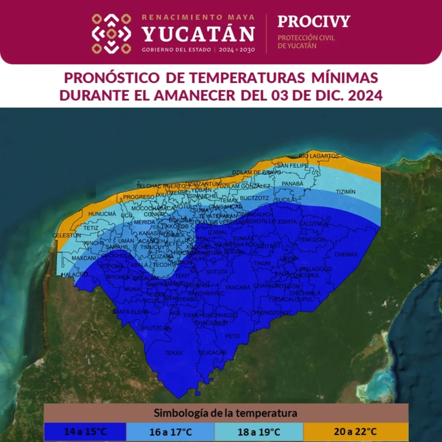 La masa de aire frío en Yucatán traerá días cálidos con máximas de 32°C y amaneceres frescos con mínimas de 14°C a 22°C. Vientos de 25-35 km/h.