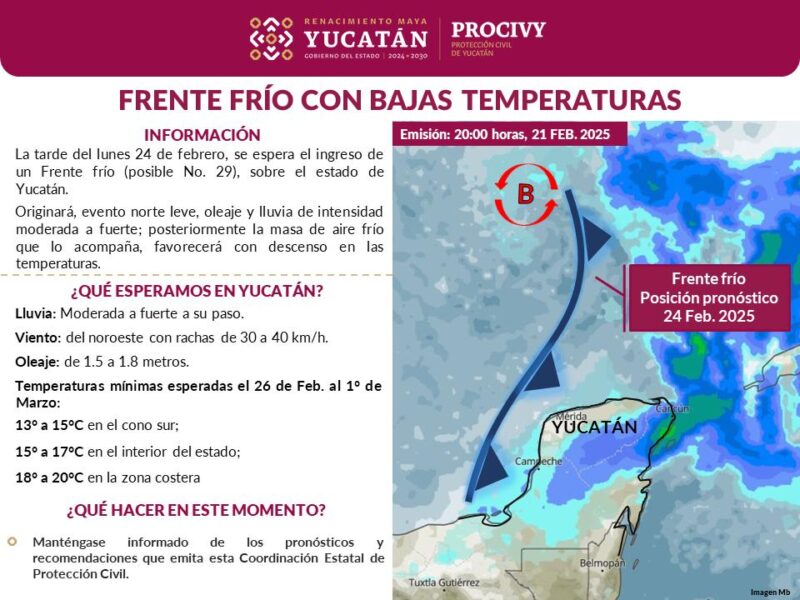 Procivy pronostica un frente frío en Yucatán con lluvias, vientos de hasta 40 km/h y descenso de temperatura. Recomendaciones para la población.