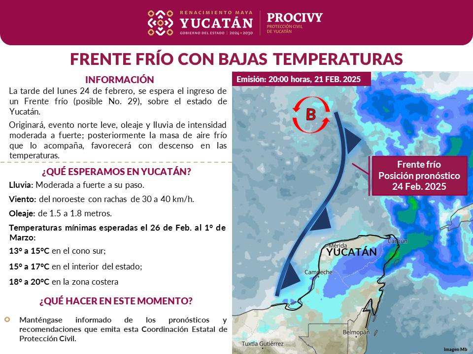 Procivy pronostica un frente frío en Yucatán con lluvias, vientos de hasta 40 km/h y descenso de temperatura. Recomendaciones para la población.