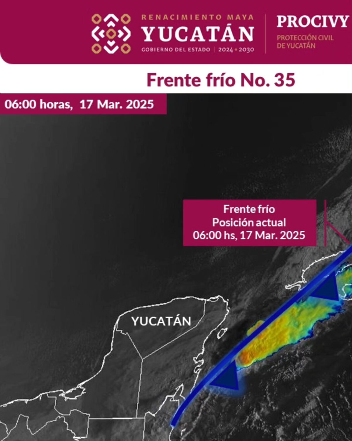 Masa de aire frío del Frente Frío No. 35 traerá tiempo estable y ambiente cálido en Yucatán, con mínimas frías al amanecer del martes.