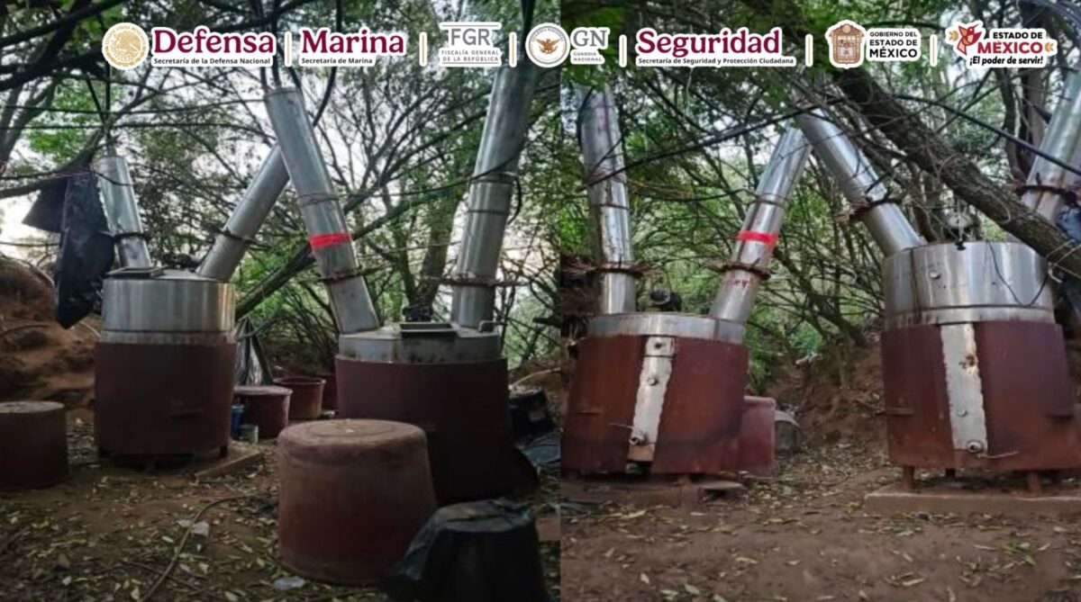 Autoridades desmantelan un laboratorio de drogas sintéticas en el Estado de México. Se aseguraron 70 kilos de droga y 66 tambos con precursores químicos.