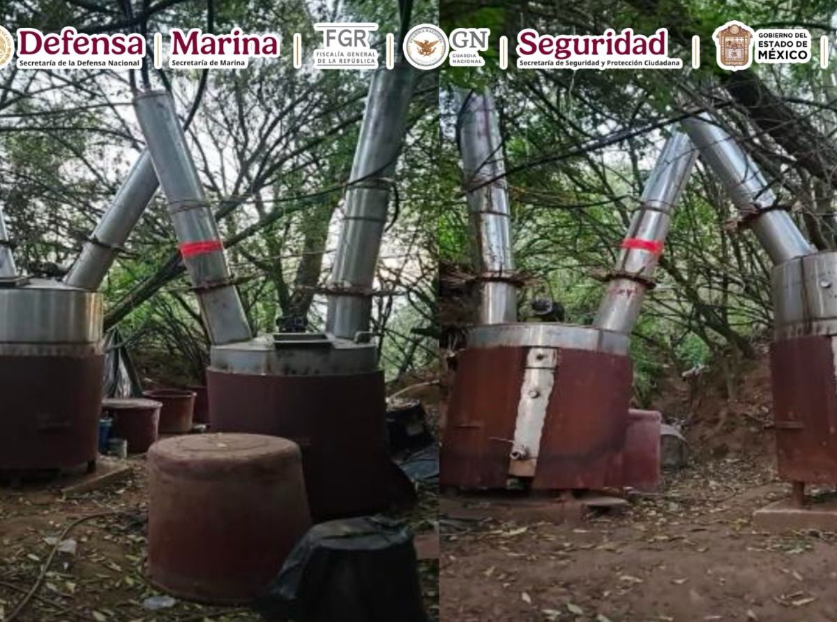 Autoridades desmantelan un laboratorio de drogas sintéticas en el Estado de México. Se aseguraron 70 kilos de droga y 66 tambos con precursores químicos.