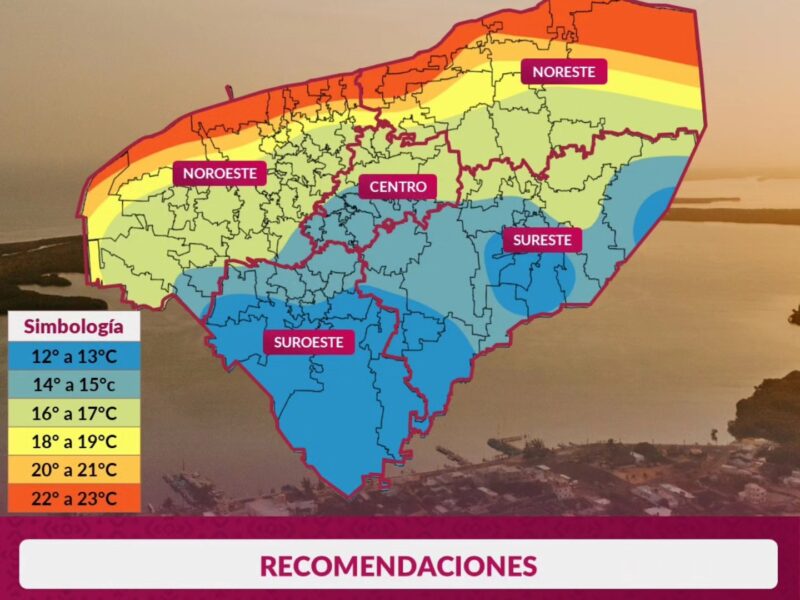 Frente frío deja amaneceres fríos en Yucatán: se esperan mínimas de hasta 12°C y máximas de 34°C, con vientos del norte y cielo estable.