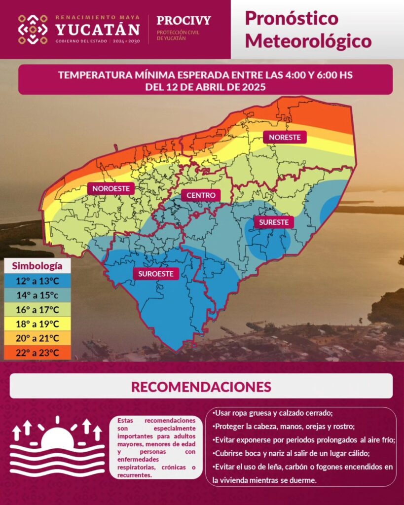 Frente frío deja amaneceres fríos en Yucatán: se esperan mínimas de hasta 12°C y máximas de 34°C, con vientos del norte y cielo estable.
