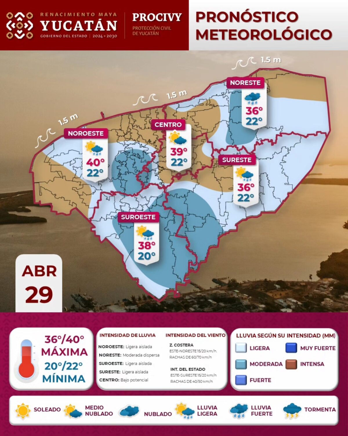 Protección Civil de Yucatán informa sobre calor extremo, lluvias y rachas de viento este martes 29 de abril en todo el estado.