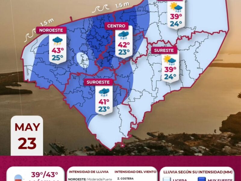 Protección Civil Yucatán alerta por lluvias fuertes, altas temperaturas y rachas de viento de hasta 60 km/h en la entidad.