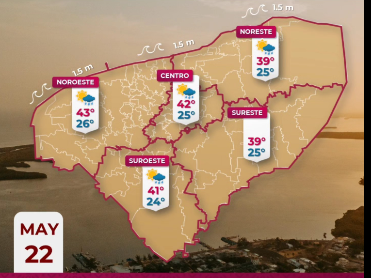 Consulta el pronóstico del tiempo en Yucatán para este jueves 22 de mayo. Prepárate para lluvias dispersas y temperaturas de hasta 43°C.
