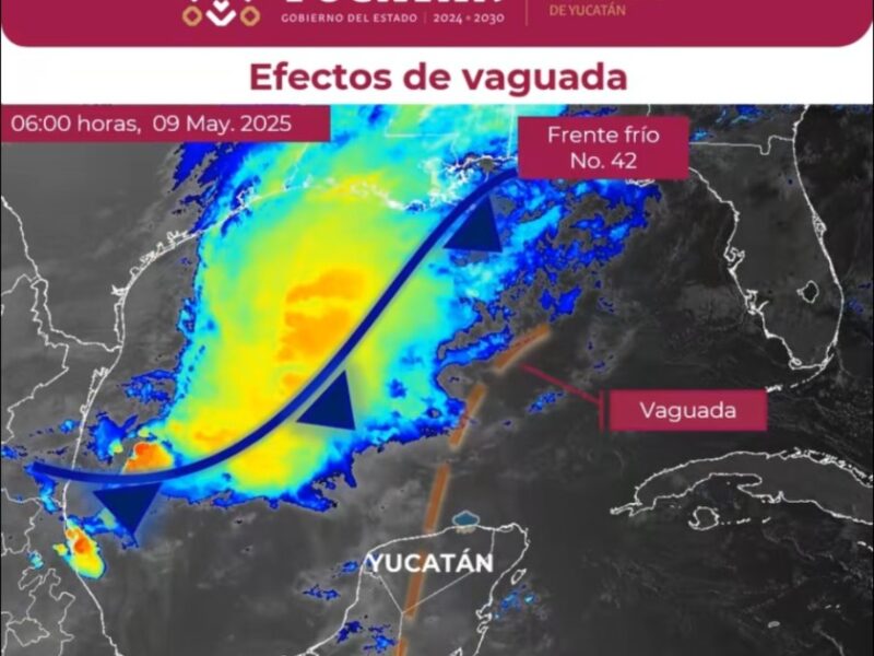 Lluvia fuerte en Yucatán este 09 de mayo por vaguada prefrontal. Precaución por vientos, turbonadas y actividad eléctrica.