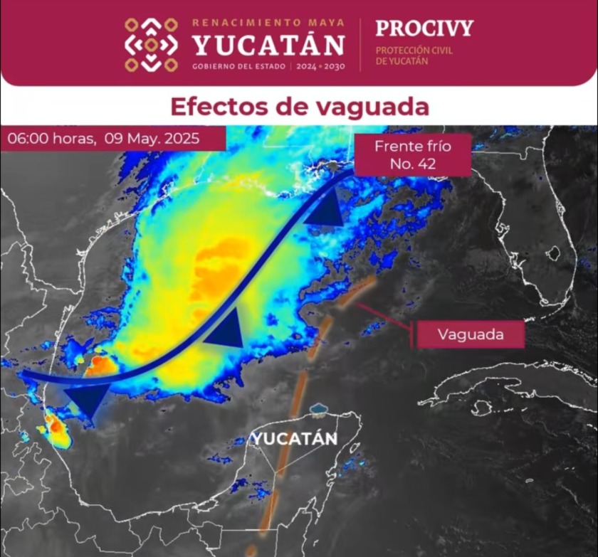 Lluvia fuerte en Yucatán este 09 de mayo por vaguada prefrontal. Precaución por vientos, turbonadas y actividad eléctrica.