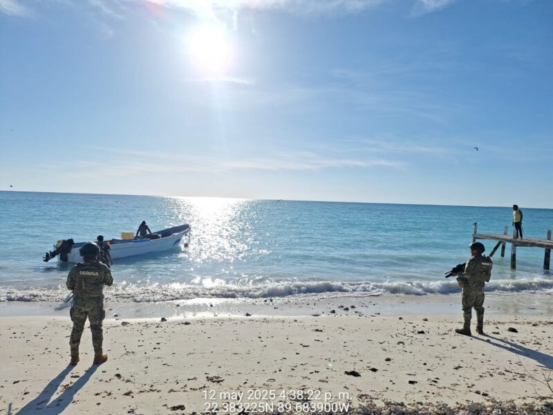 Marina y CONAPESCA detienen a tres pescadores con 132 kg de caracol rosado en veda en Isla Pérez, Yucatán.