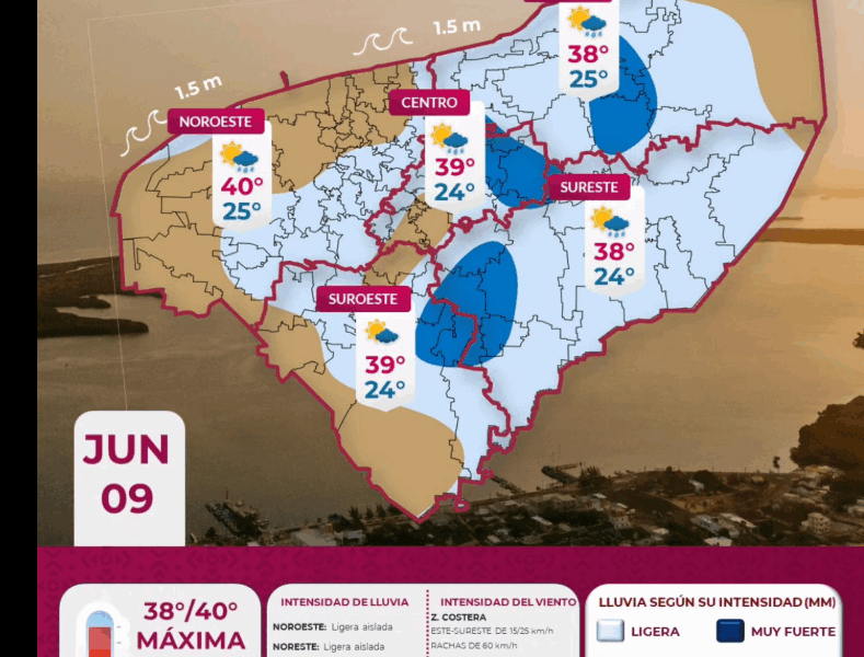 Onda de calor en Yucatán dejará temperaturas extremas de hasta 41°C este lunes, con lluvias aisladas y vientos fuertes.