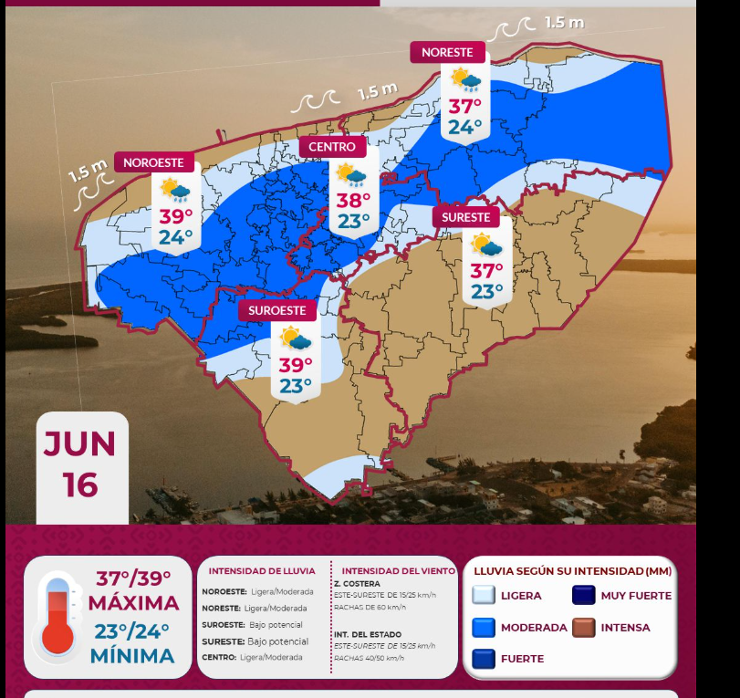 Protección Civil Yucatán informa sobre calor extremo y lluvias en varias zonas del estado este 16 de junio. Toma precauciones ante rachas de viento.